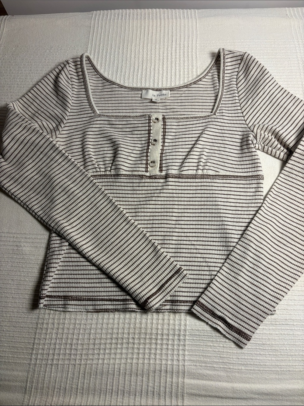La Perla Cream and Brown Striped Long Sleeve Ribbed Henley